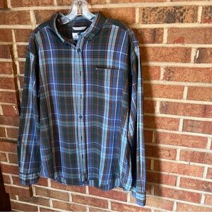Columbia Men L Long Sleeve Casual Button-Up Shirt Blue Green Plaid Country EUC
